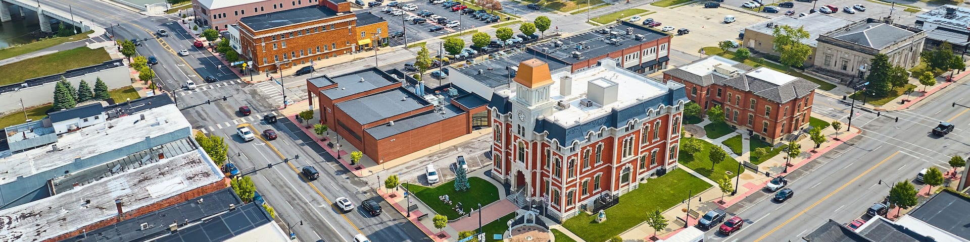 Aerial View of Historic Courthouse and River in Small Town Ohio