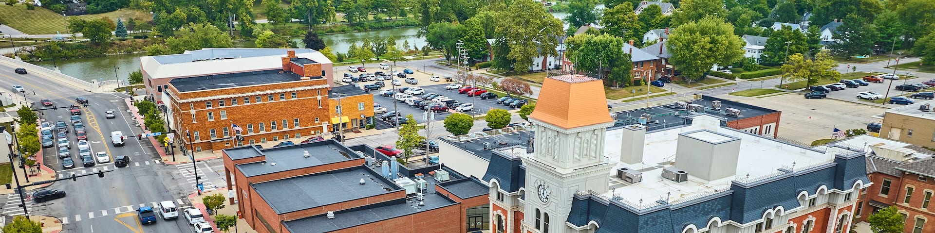 Aerial View of Defiance County Courthouse and Downtown Ohio Urban Grid