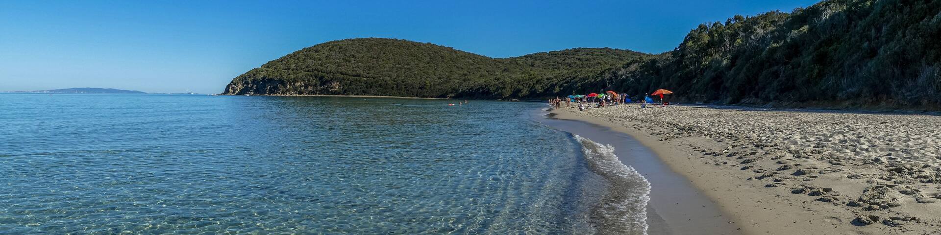 A clear beach with gentle waves, a sandy shore, and a forested hill in the background.