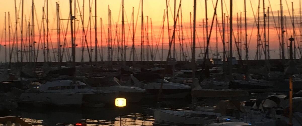 A marina at sunset with numerous sailboats docked.