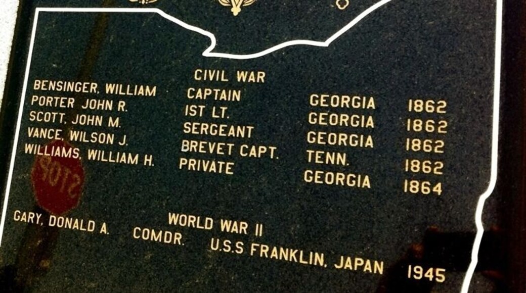 Congressional Medal of Honor plaque just outside the courthouse. Three of these men were members of a small Union Army party to penetrate 200 miles into the South and capture an enemy train in an attempt to destroy bridges and track between Chattanooga and Atlanta.