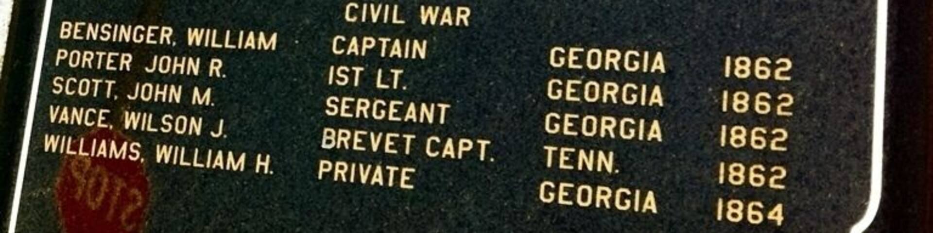 Congressional Medal of Honor plaque just outside the courthouse. Three of these men were members of a small Union Army party to penetrate 200 miles into the South and capture an enemy train in an attempt to destroy bridges and track between Chattanooga and Atlanta.