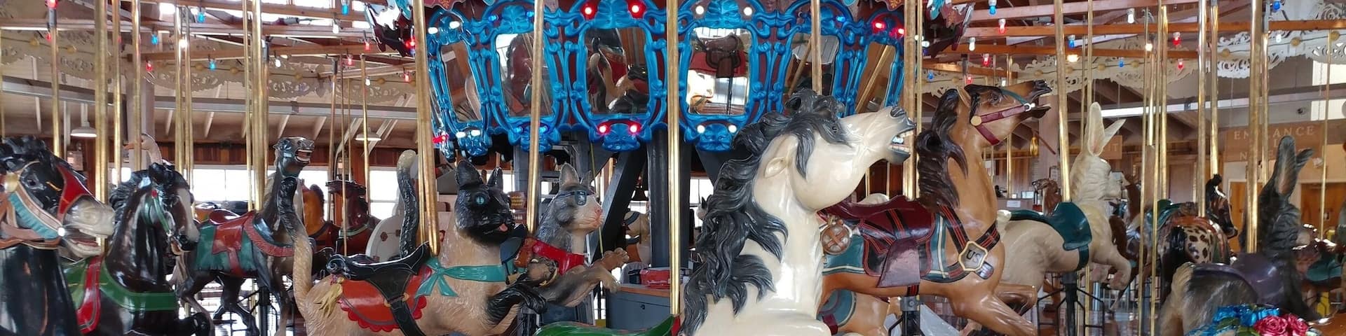The Richland Carrousel is the first new, hand-carved carrousel to be built and operated in the United States since the 1930’s.
All 52 figures were designed, carved and painted by Carousel Works of Mansfield. There are 30 horses and 22 menagerie figures, including four bears, four ostriches, four cats, four rabbits, a goat, giraffe, lion, tiger, zebra and a mythical hippocampus (part horse, part fish).