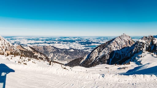 High resolution stitched alpine winter panorama with ski drivers at Mount Fuessener Joechle, Graen, Reutte, Tyrol, Austria