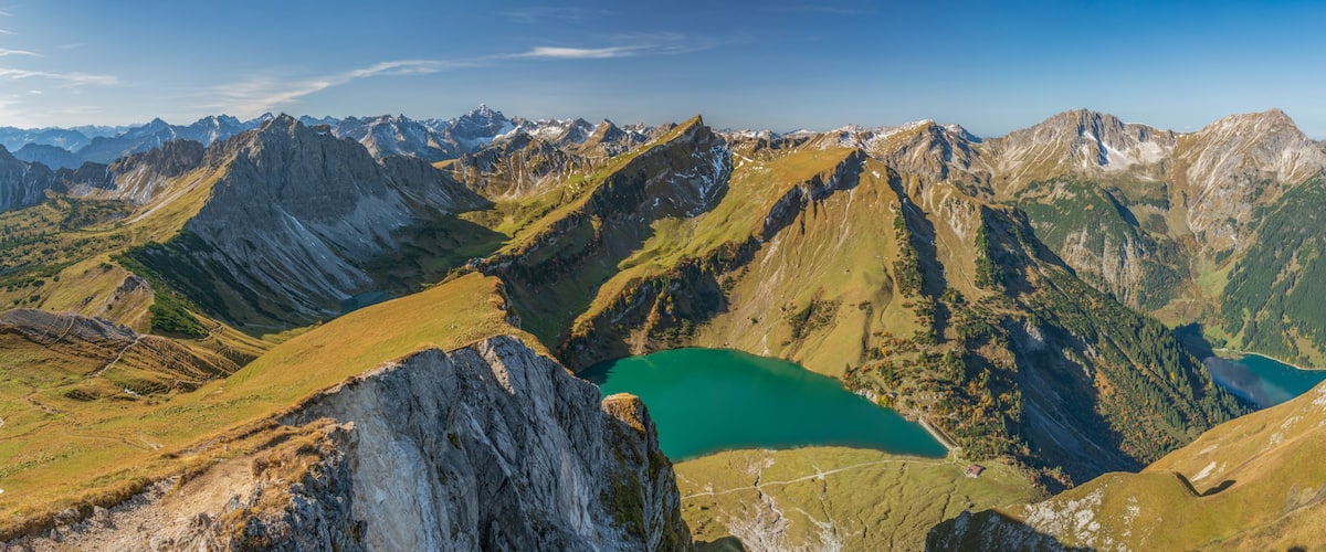 A mountain range with a lake nestled in a valley.