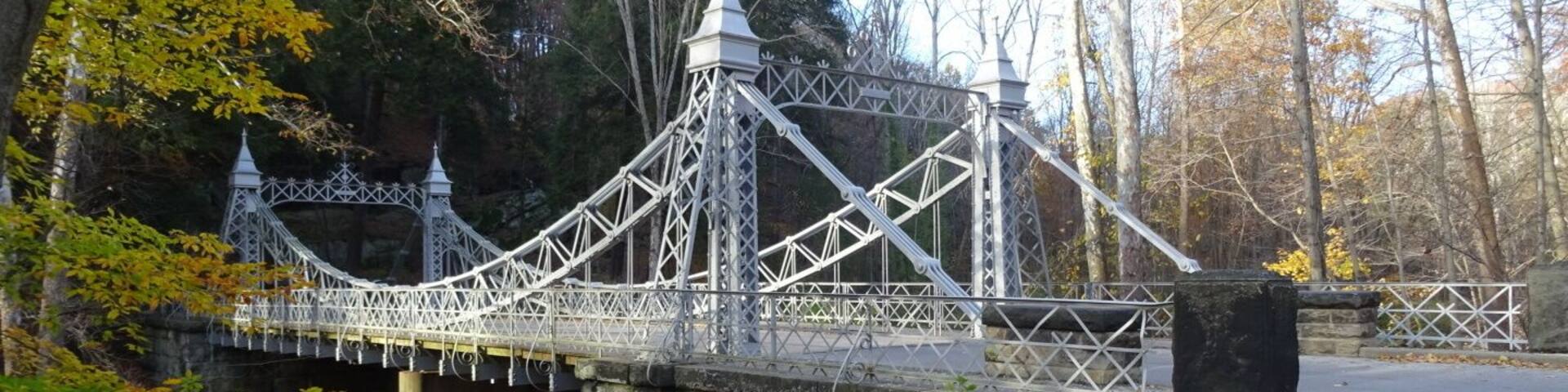 The bridge linking the east and west parts of the trail.
The Gorge Trail is a breathtakingly beautiful two-mile loop along Mill Creek. The trail consists of a boardwalk and is bordered on one side by the stream and on the other side by a massive wall of sandstone.