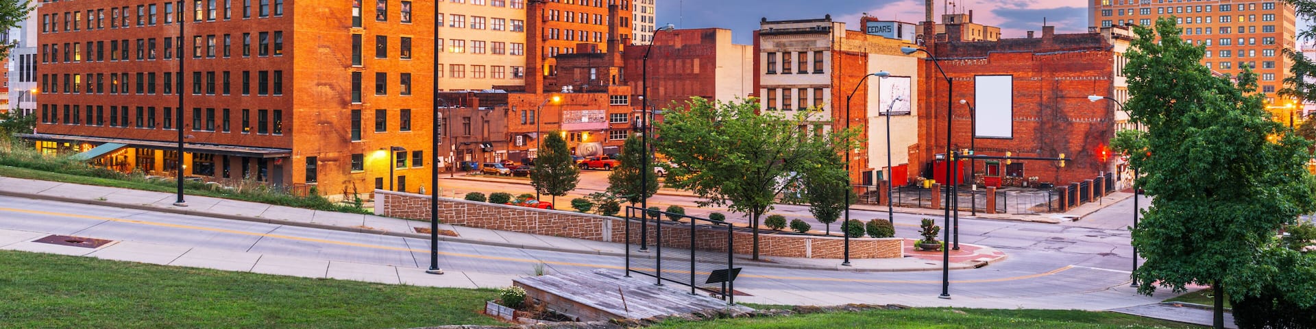 A cityscape with a mix of modern and historic buildings, a wide street, and a grassy area with trees.