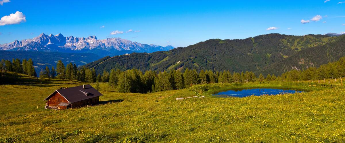 A wooden cabin in a grassy field with a lake and mountains in the background.