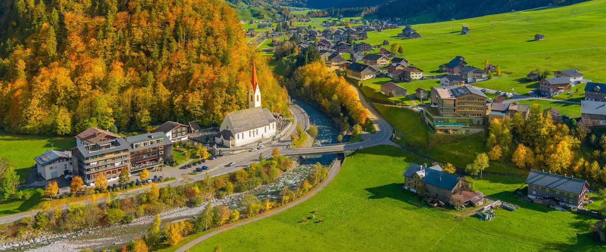 The village of AU in the region of Bregenzerwald, state of Vorarlberg, Austria, Drone Photography
