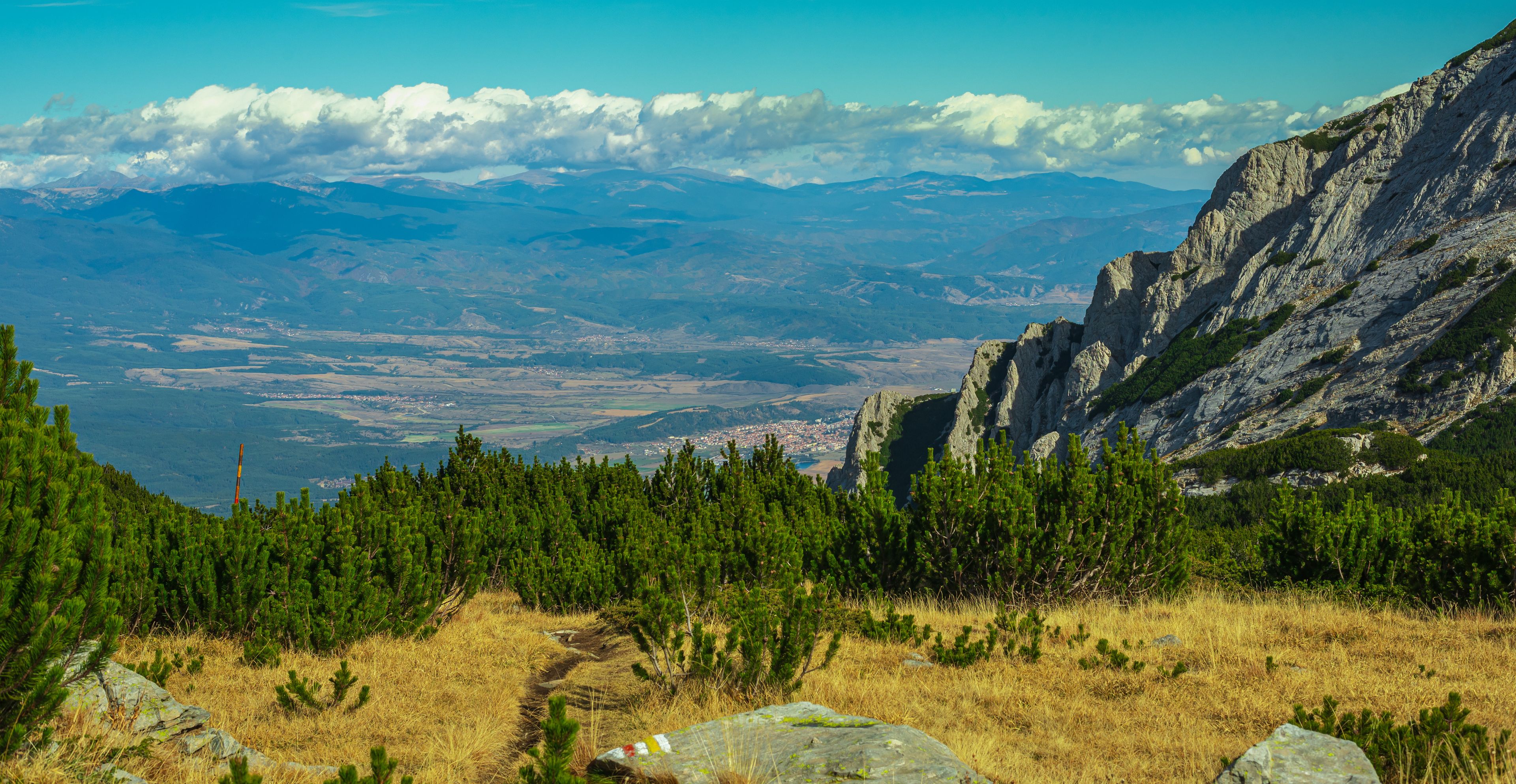 View from the mountain pass to the Razlog valley, the cities of Bansko and Razlog.