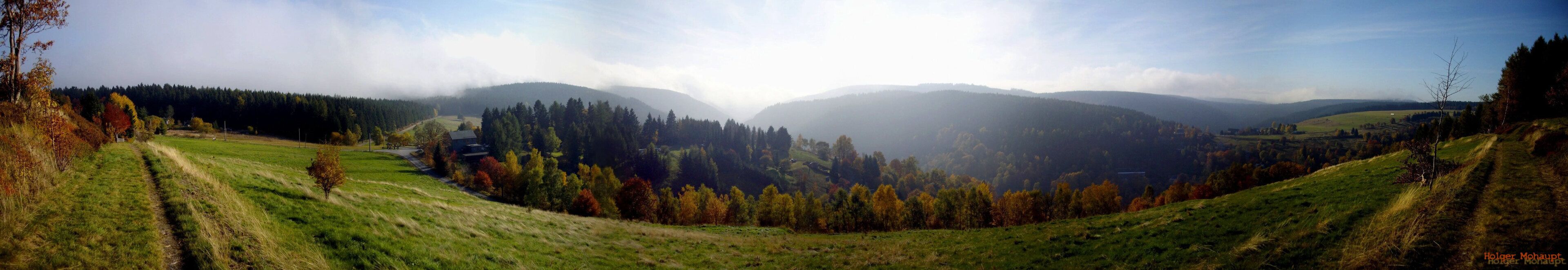 A valley with rolling hills, a winding path, and a forested area with autumn-colored trees.