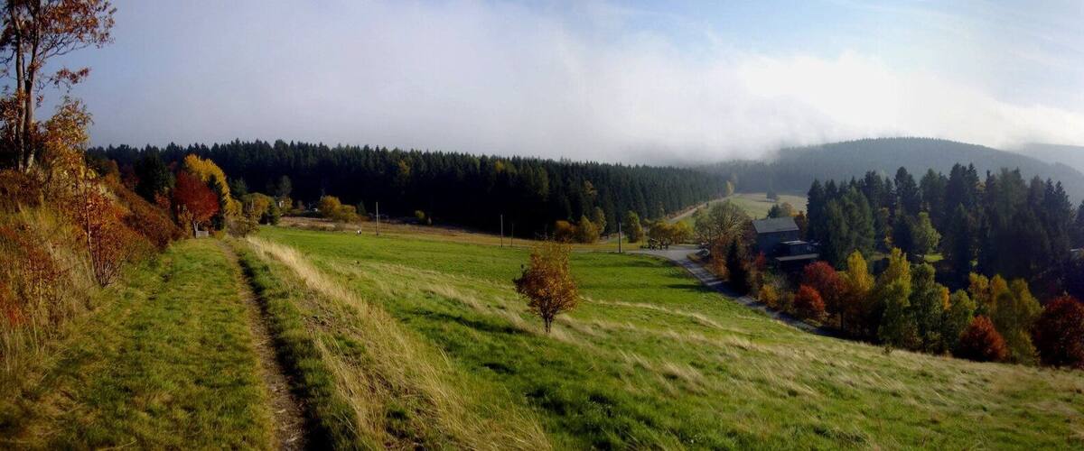 A valley with rolling hills, a winding path, and a forested area with autumn-colored trees.