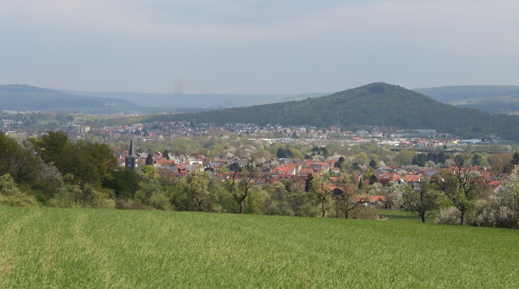 Wißmar in Obstwiesen und Lollarkopf mit Lollar jenseits der Lahnaue