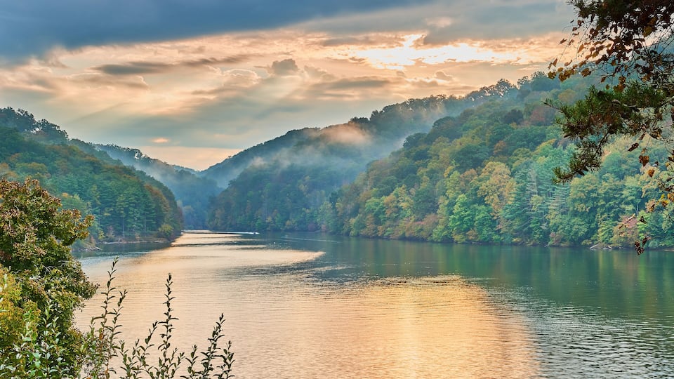 A river surrounded by dense forest and hills.