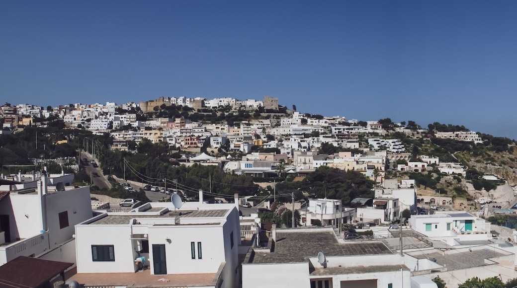 Vista panorámica de la ciudad de Castro en Lecce, Italia. En lo alto de la colina se pueden apreciar la muralla y restos del Castillo Aragonés y junto a la costa el puerto deportivo.