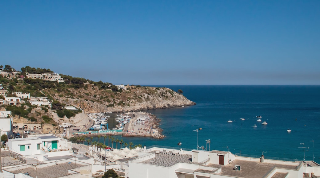 Vista del puerto deportivo de la ciudad de Castro en Lecce, Italia. Barcos atracados en el muelle y fondeados en las proximidades. Bañistas tomando el sol en el puerto.