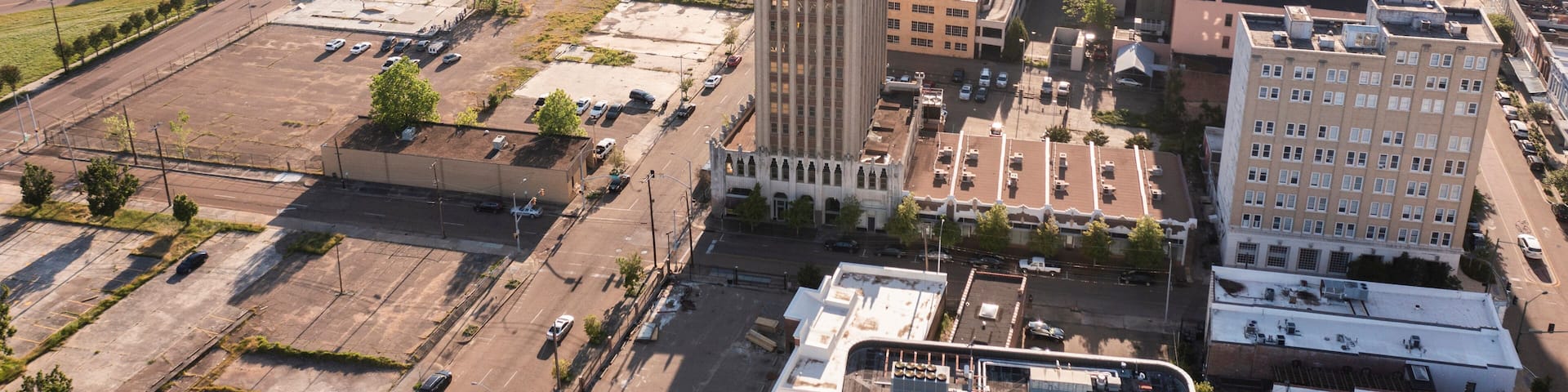Jackson, Mississippi, USA - April 23, 2024: Afternoon light shines on the historic buildings of downtown Jackson.