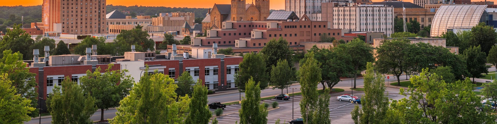 Akron, Ohio, USA downtown skyline at dusk.