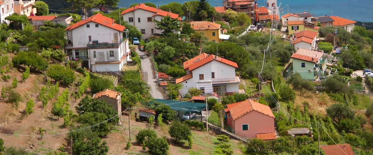 A coastal village with terracotta-roofed houses, lush greenery, and a view of the sea.