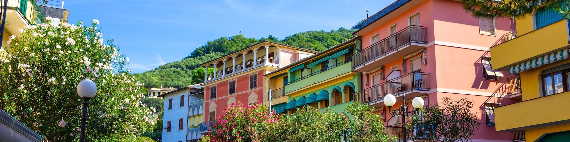 Sunny Cityscape of little street in Moneglia village in Liguria