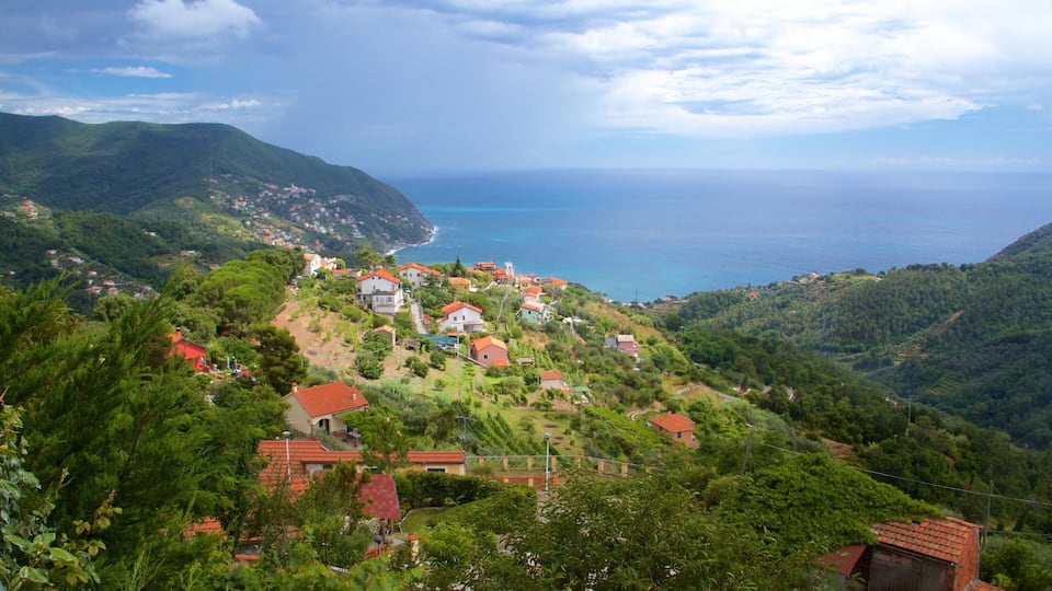 A coastal village with red-roofed houses nestled in green hills, overlooking the sea.