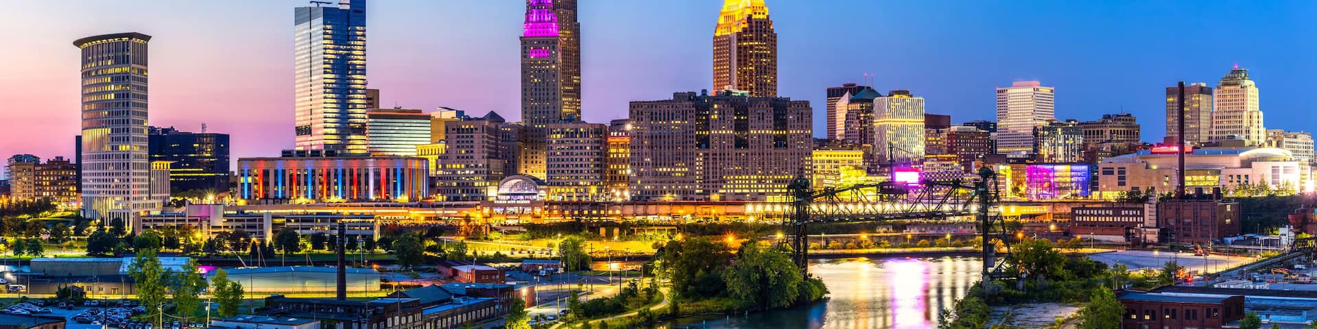 Panoramic view of Cleveland, Ohio skyline at dusk. Cleveland is a major city in the U.S. state of Ohio and the county seat of Cuyahoga County.