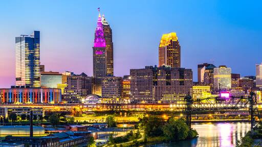 Panoramic view of Cleveland, Ohio skyline at dusk. Cleveland is a major city in the U.S. state of Ohio and the county seat of Cuyahoga County.