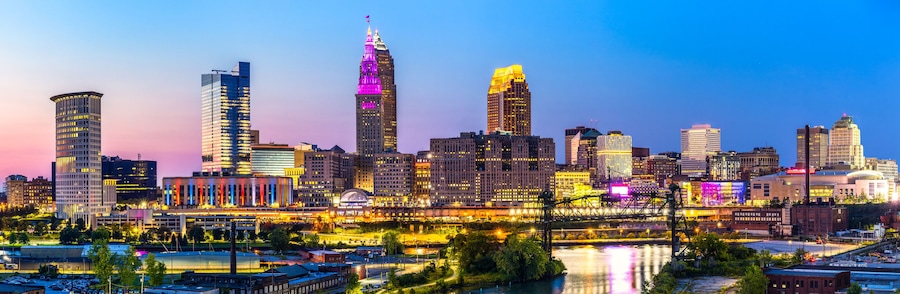 Panoramic view of Cleveland, Ohio skyline at dusk. Cleveland is a major city in the U.S. state of Ohio and the county seat of Cuyahoga County.