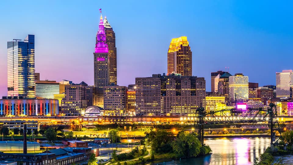 Panoramic view of Cleveland, Ohio skyline at dusk. Cleveland is a major city in the U.S. state of Ohio and the county seat of Cuyahoga County.