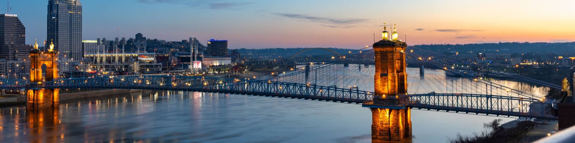Sunrise Over the Roebling Suspension Bridge Connecting Cincinnati, Ohio to Northern Kentucky