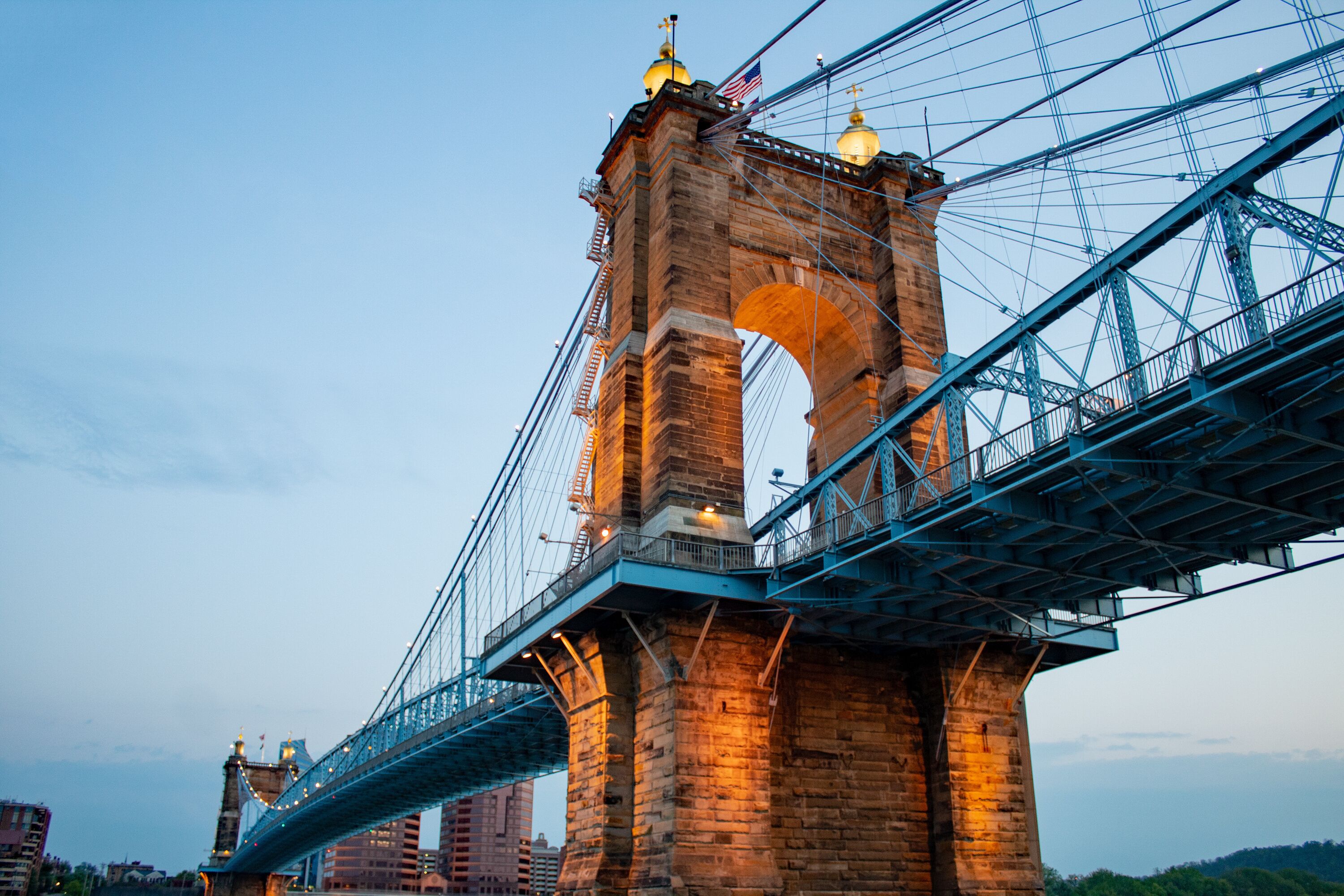 View of the John A Roebling Bridge in Cincinnati, Ohio.