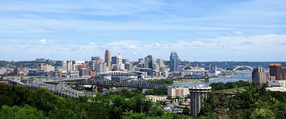 The view of Cincinnati, the Ohio River, and Covington from atop Devou Park.