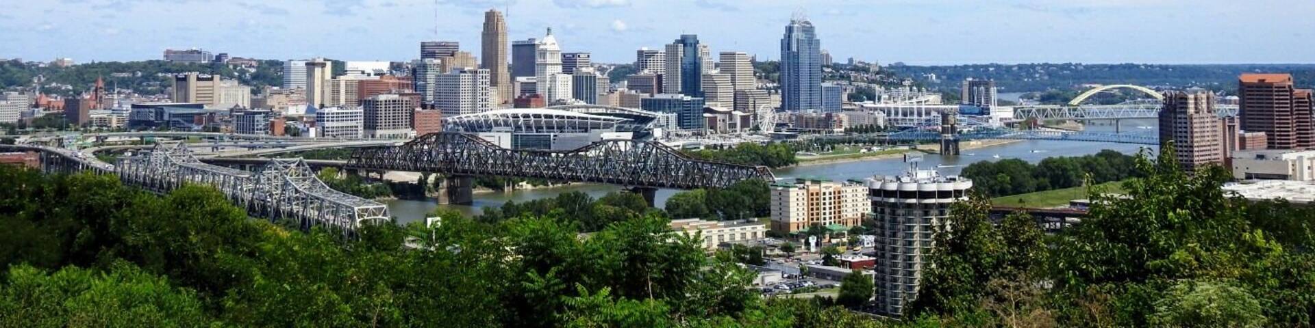 A cityscape with a prominent bridge, various buildings, and a river.