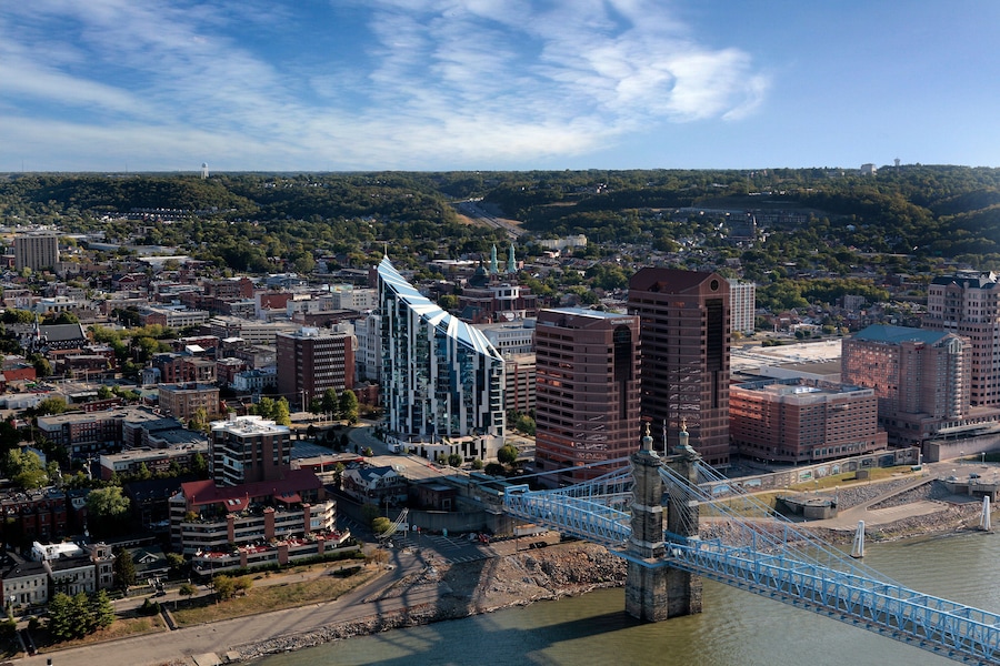 Aerial View of Covington Kentucky and the Roebling Suspension Bridge