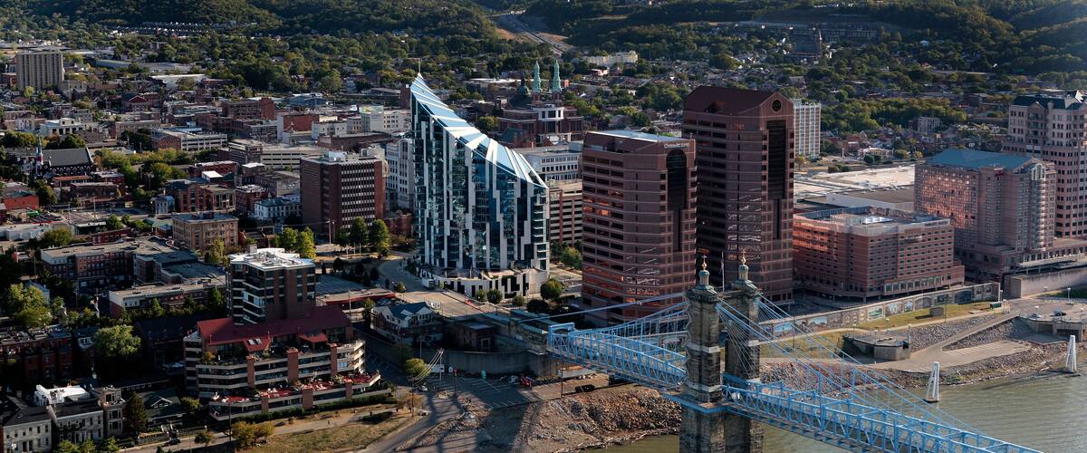 Aerial View of Covington Kentucky and the Roebling Suspension Bridge