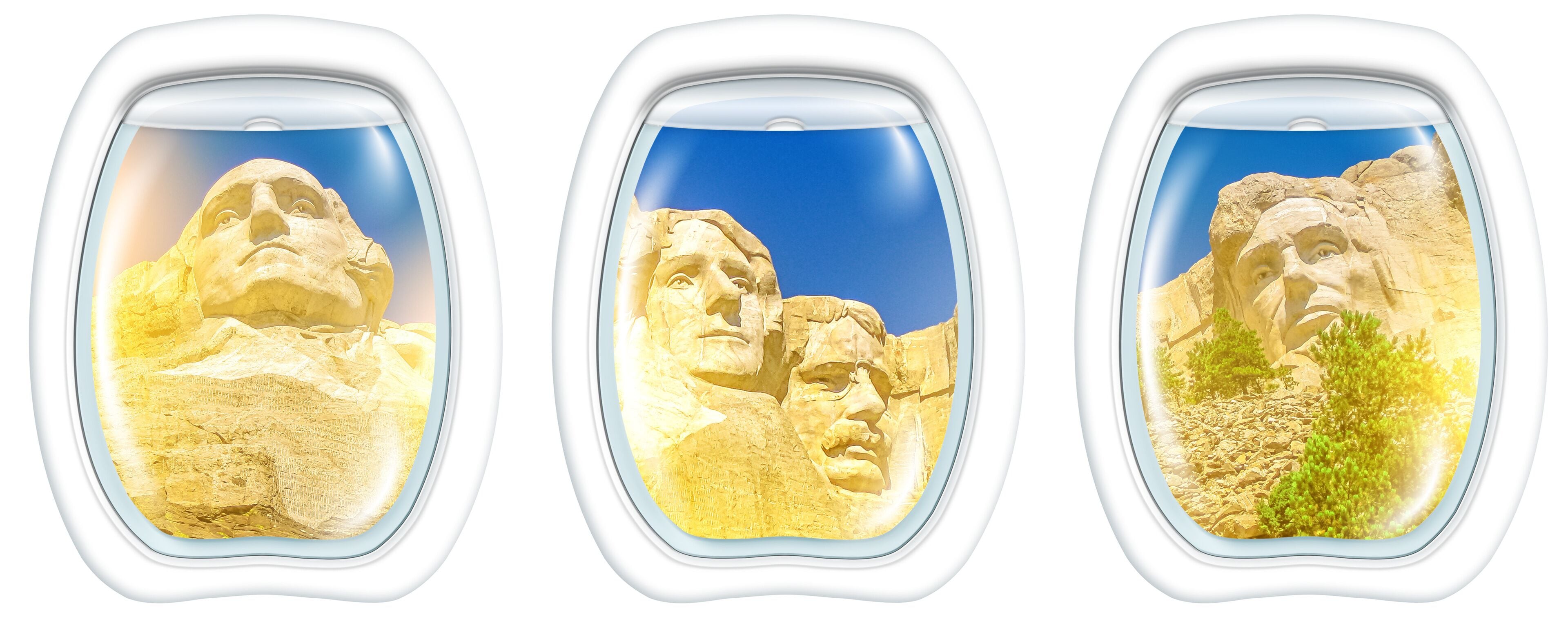 Three porthole frame windows on Aerial view of Mount Rushmore National Memorial of United States of America at sunset. US historical presidents: Washington, Jefferson, Roosevelt, Lincoln.