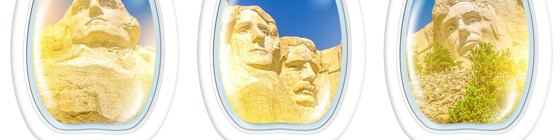 A series of windows with views of a large rock formation.