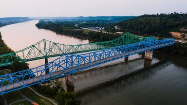 Aerial of Colorful Historic 12th & 13th Street Bridges - Ohio River - Ashland, Kentucky & Ohio