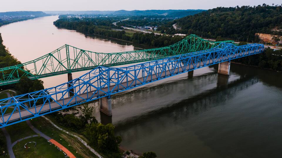 Aerial of Colorful Historic 12th & 13th Street Bridges - Ohio River - Ashland, Kentucky & Ohio