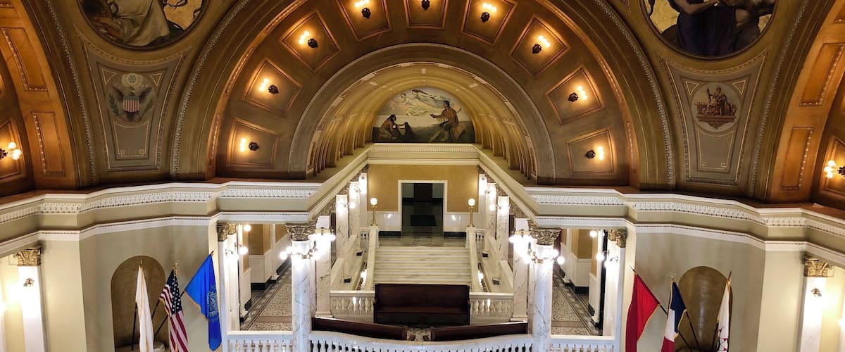 The Grand Staircase and vault as seen from the third floor of the Capitol building.