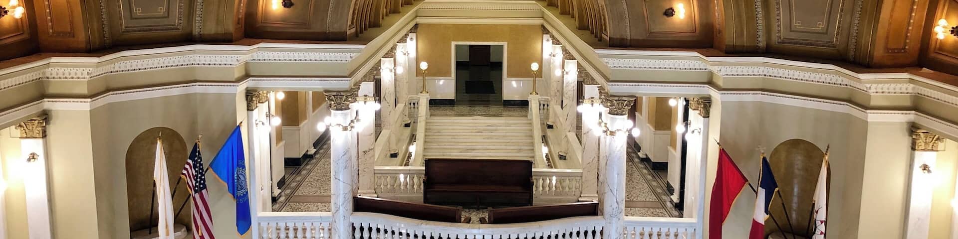 The Grand Staircase and vault as seen from the third floor of the Capitol building.