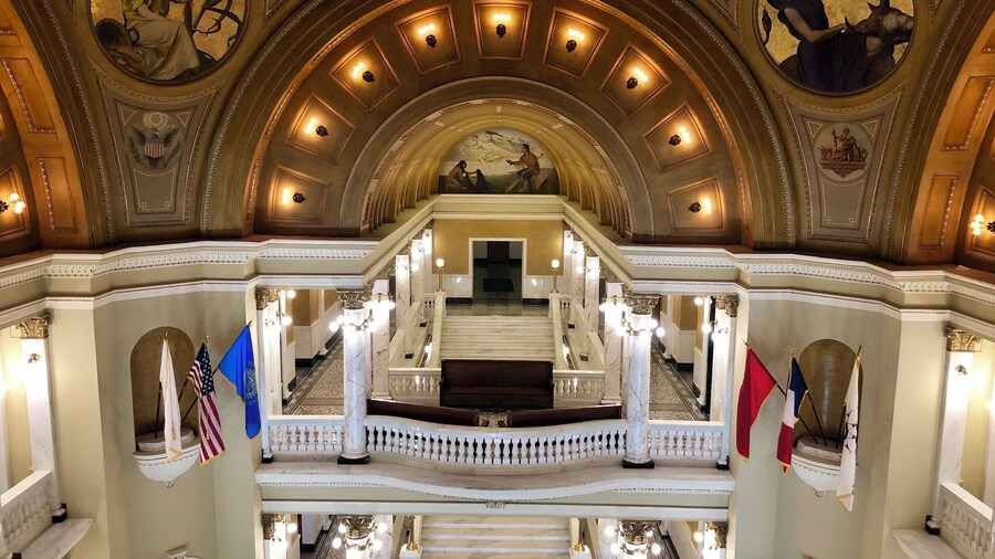 The Grand Staircase and vault as seen from the third floor of the Capitol building.
