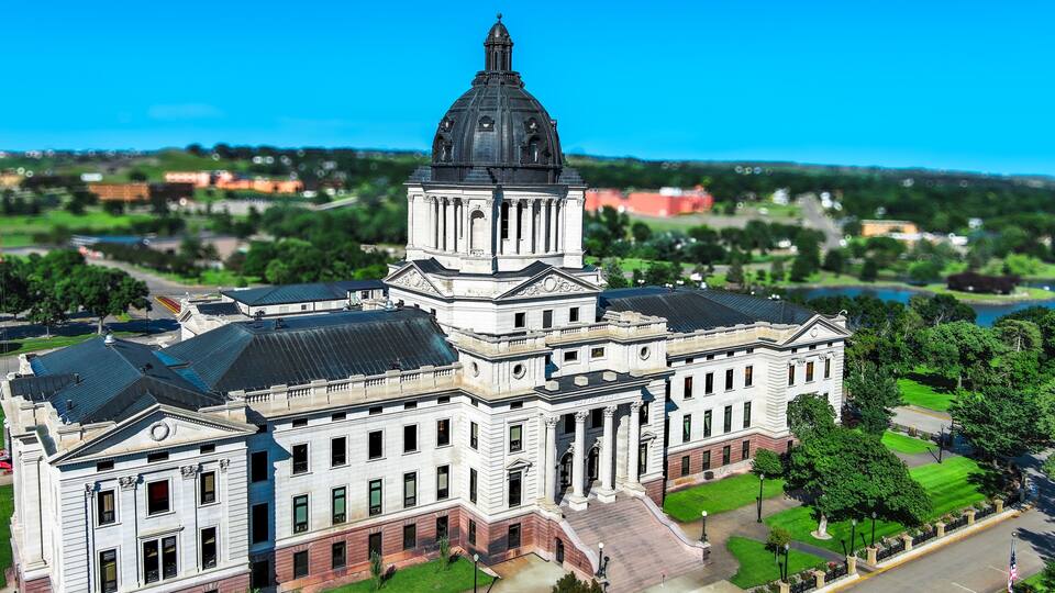 Arial view of the entrance of the South Dakota State Capitol Building