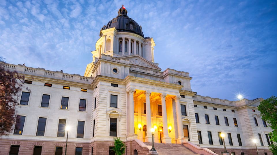 South Dakota Capital Building at night in Pierre, SD