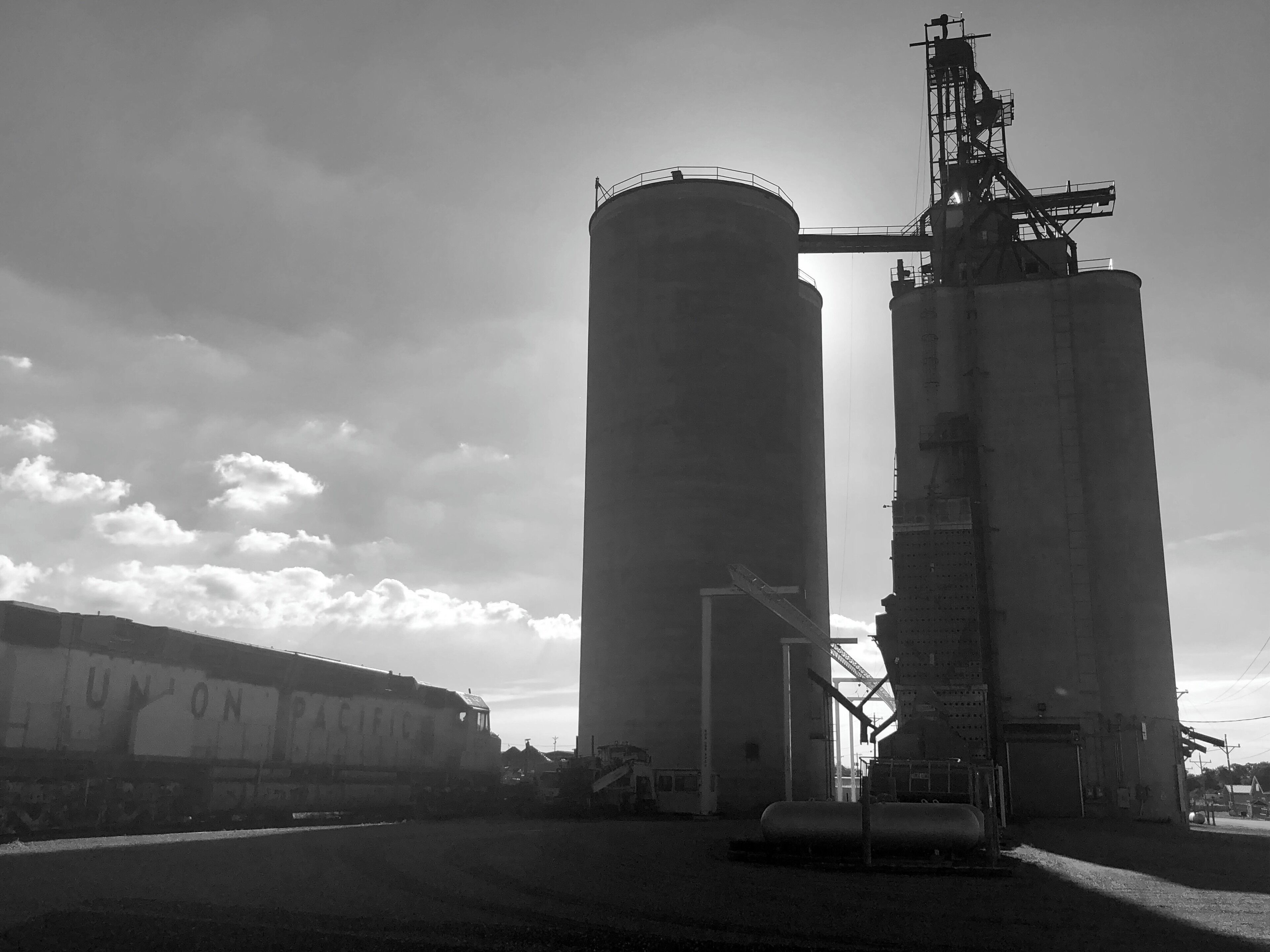 Rail cars and grain elevators, iconic heartland America.