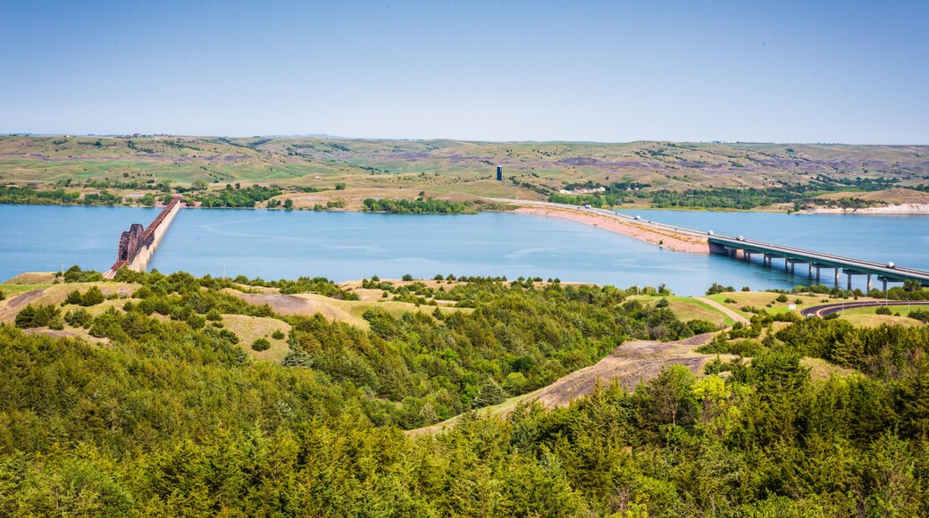 Scenic overlook on bluffs offers views of two Missouri River Bridges in South Dakota: Chamberlain Bridge and Lewis and Clark Memorial Bridge.