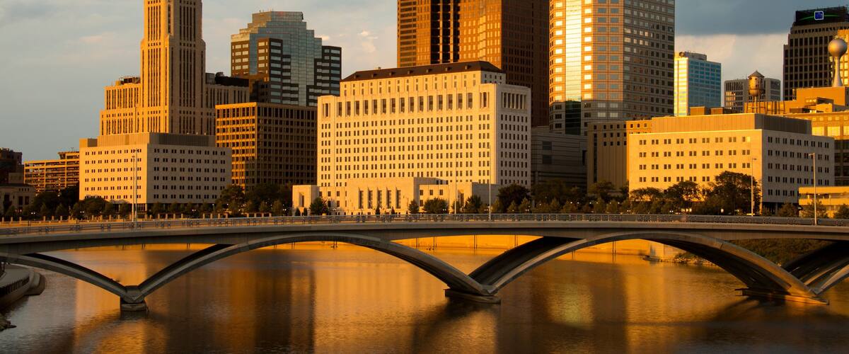 Columbus Ohio Skyline at Sunset with New Rich Street Bridge