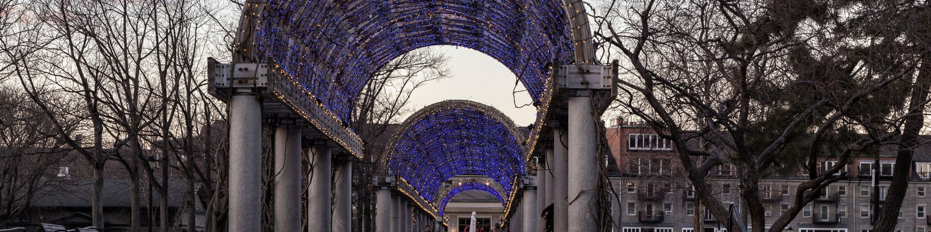 Um grande arco iluminado com luzes azuis, rodeado por árvores e degraus que levam até ele.
