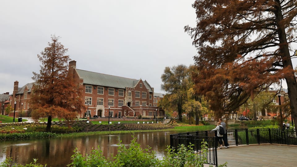 Mirror Lake on the campus of The Ohio State University is a popular landmark. Recent renovations added extensive landscaping.
