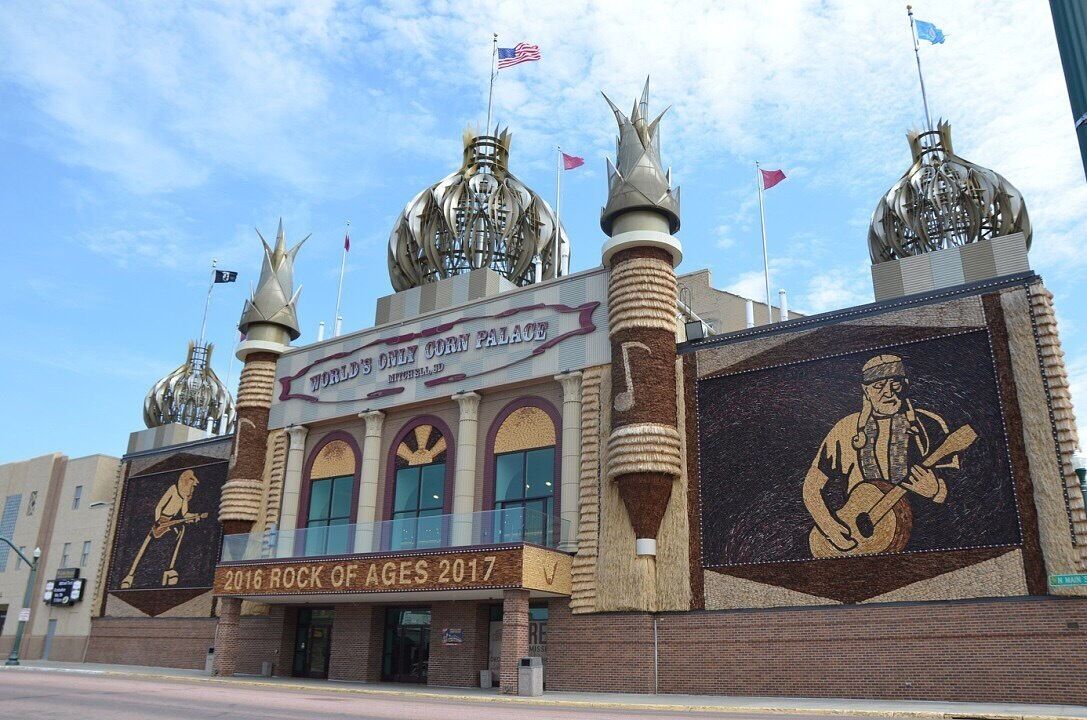 The World Famous Corn Palace with distinctive architectural features and murals.
